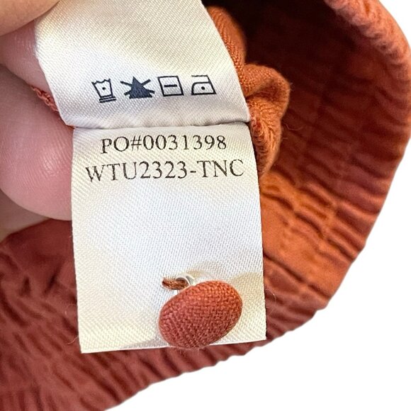 Faherty Linen Shirt Top Short Sleeve Cropped Puff Peasant Orange Elastic Hem S - Picture 6 of 6